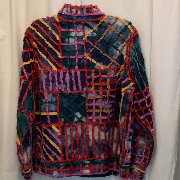 Earth Sea Sky Vtg Colorful Chenille-Embellished Acid Wash Denim Shirt Jacket Lge - Picture 5 of 8